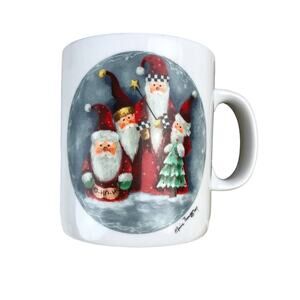 Vintage 1997 White Red Blue Elaine Thompson Folk Art Santa Family Coffee Tea Mug
